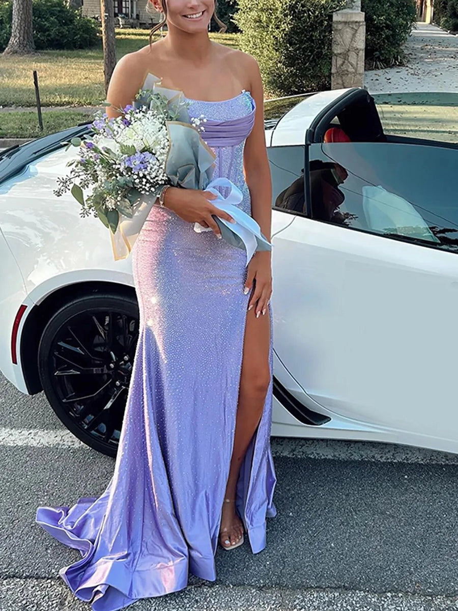 Glamorous Mermaid Cowl-Neck Sleeveless Lace-Up High-Slit Floor-Length Prom Dress