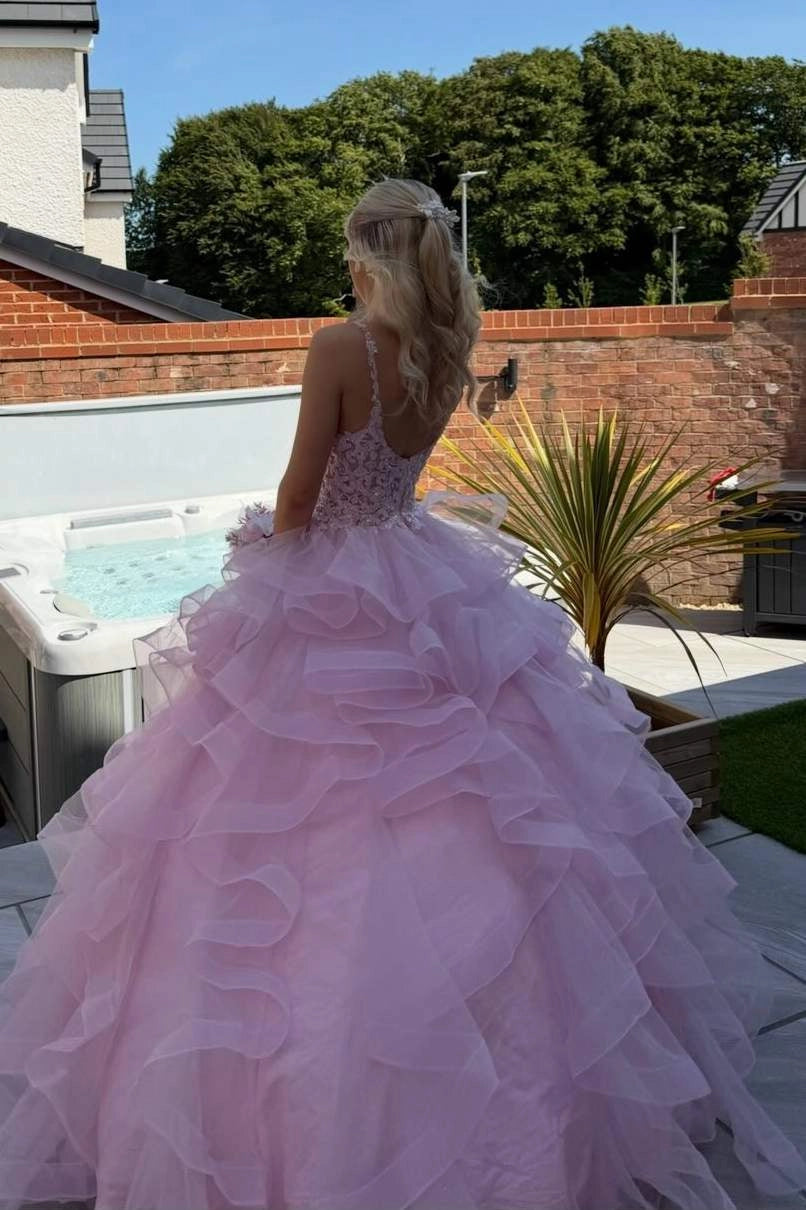 Loverlm Romantic Lace Ball Gown Sweetheart Sleeveless Low-Back Ruffled Floor-Length Prom Dress