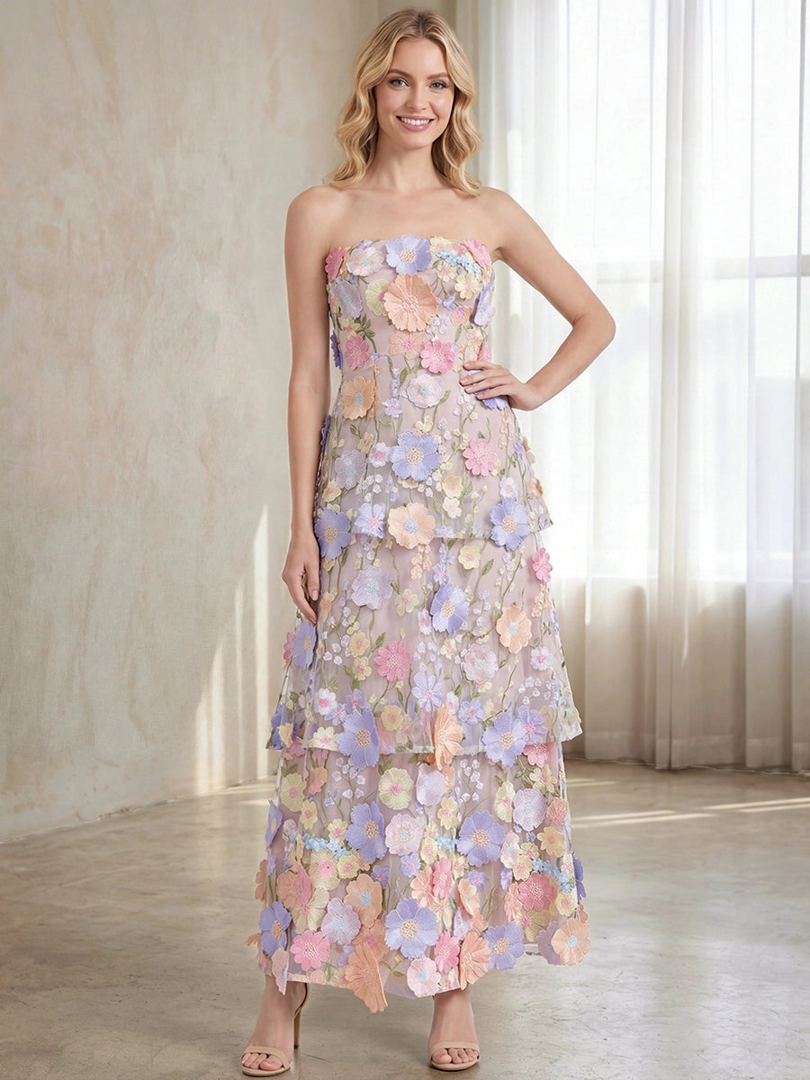 Romantic Lace A-Line Strapless Sleeveless Closed Back Tiered Floor-Length Floral Prom Dress
