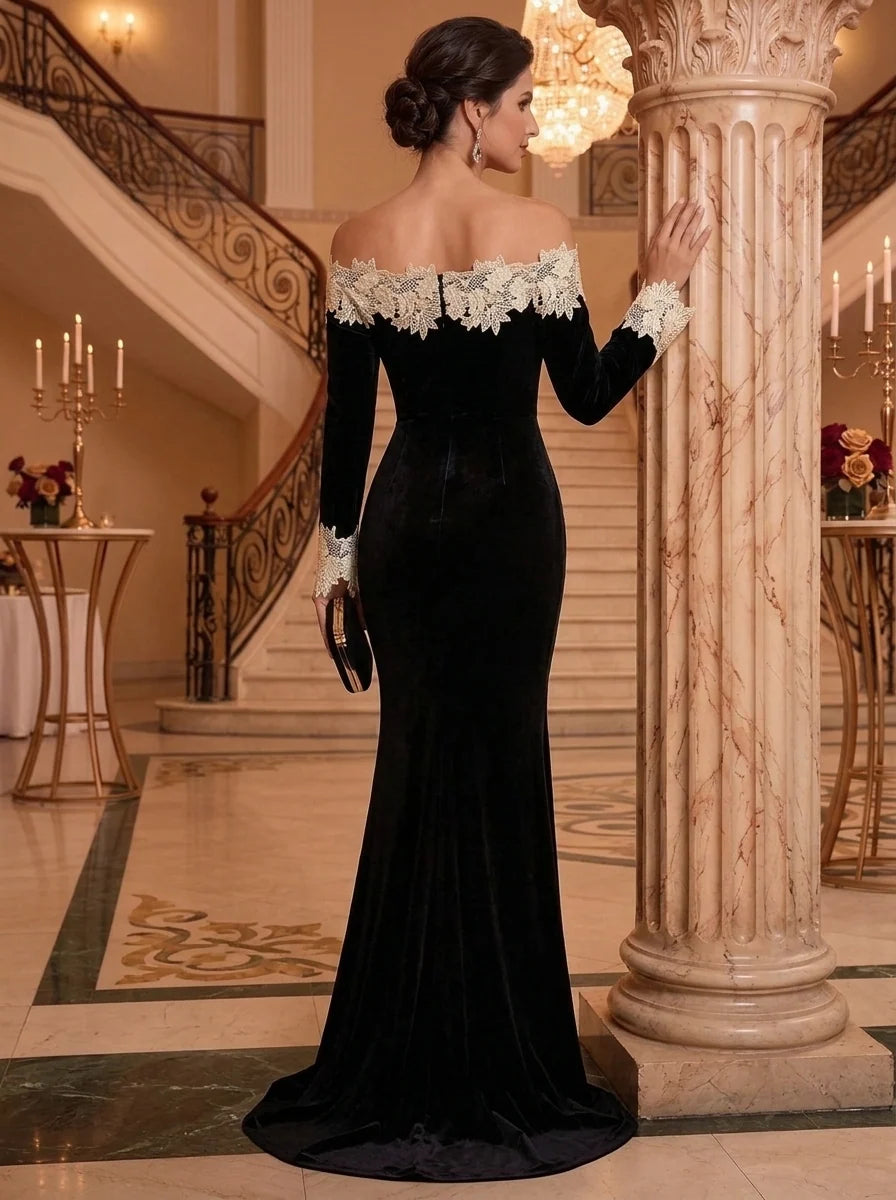 Elegant Mermaid Off Shoulder Long Sleeve Velvet Floor Length Evening Dress