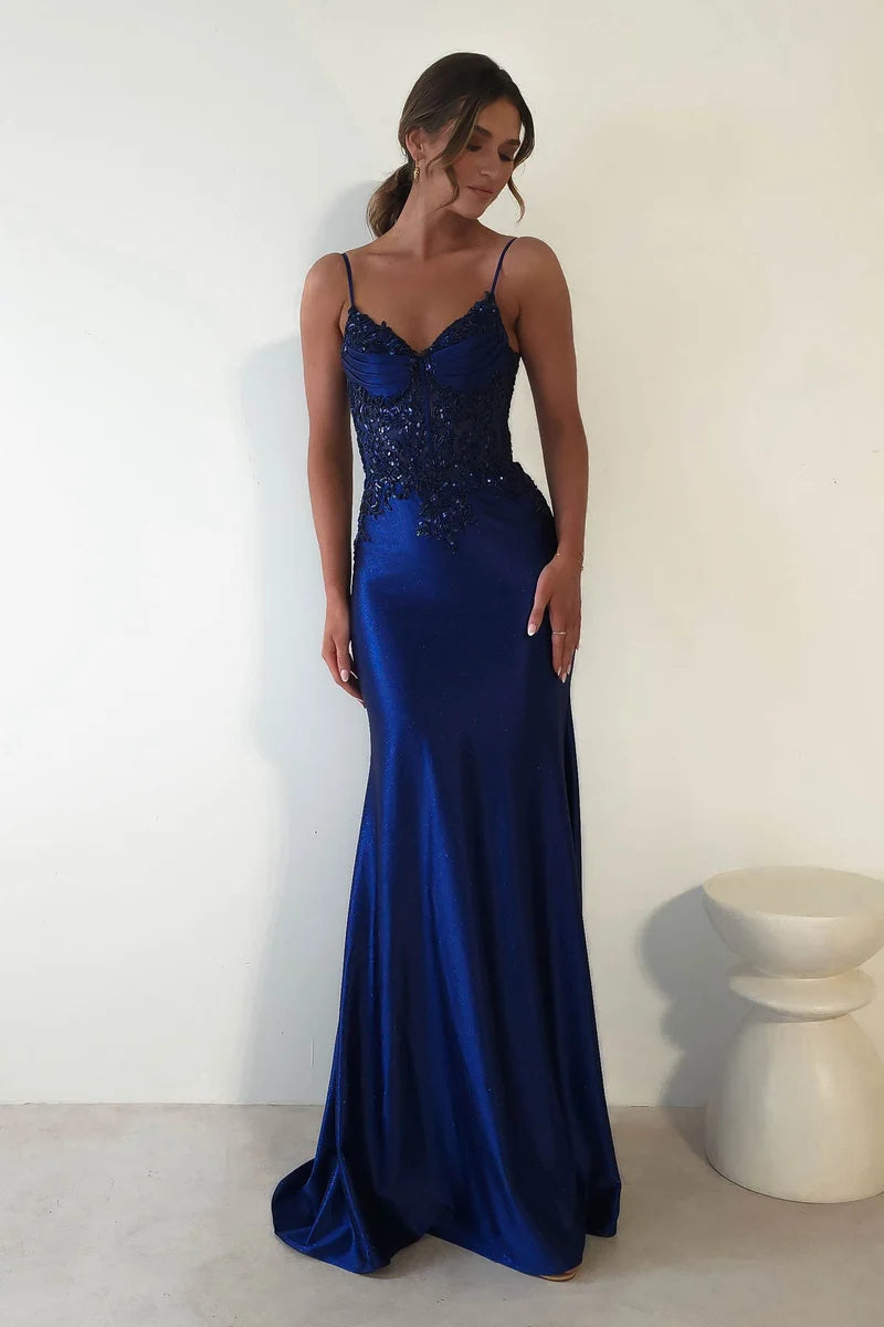 Elegant Mermaid V Neck Spaghetti Strap V Back Floor Length Prom Dress