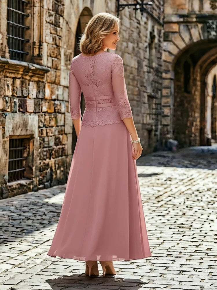 Elegant A-Line Round-Neck Three-Quarter-Sleeve Lace Tea-Length Mother of the Bride Dress