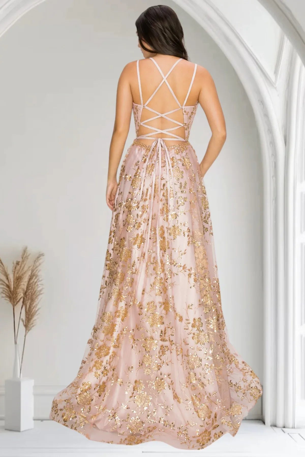 Elegant A-Line V-Neck Spaghetti Strap Lace-Up Back Floor-Length Prom Dress