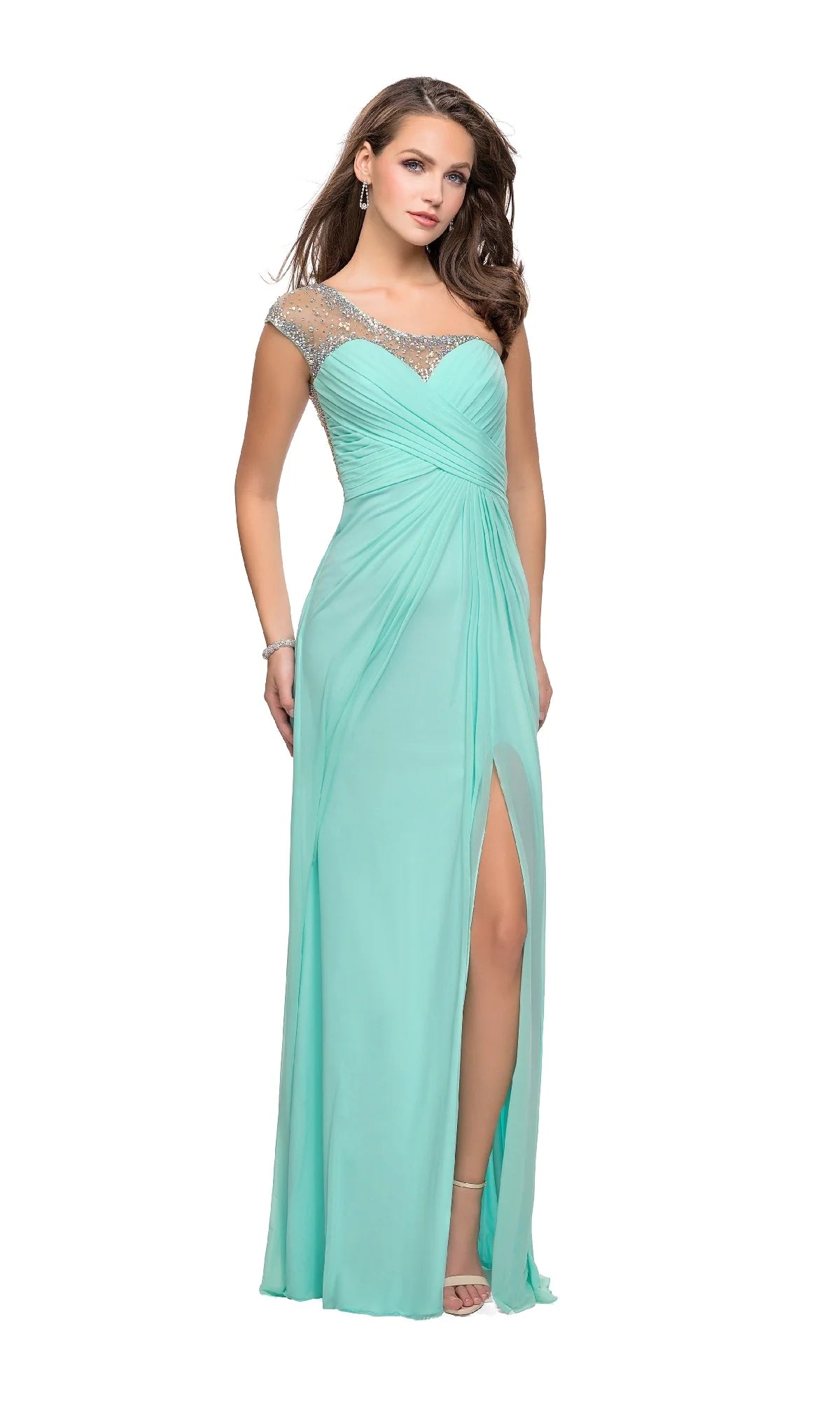 Glamorous Sheath Illusion Neckline One Shoulder Chiffon Floor Length Evening Dress