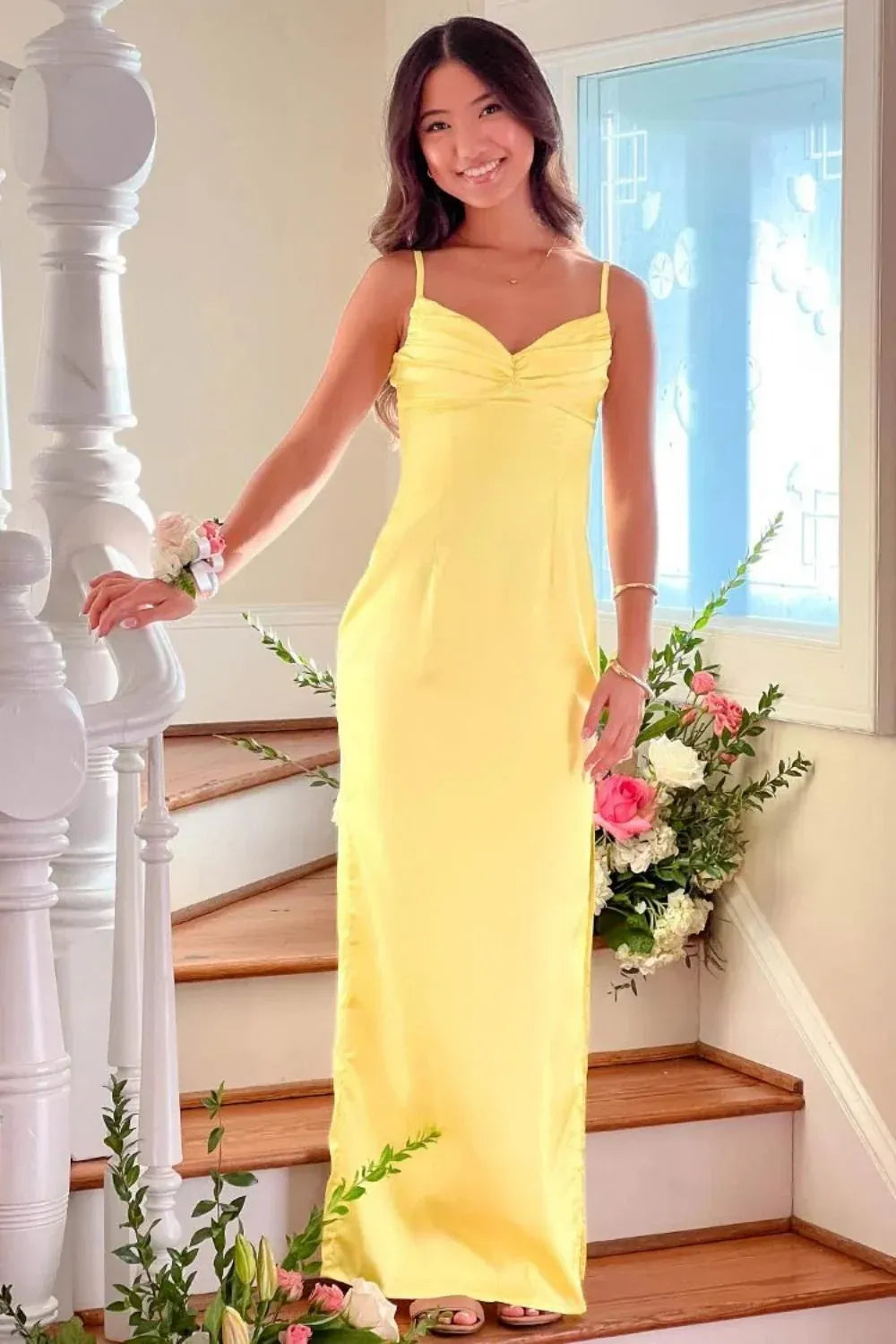 Elegant Satin Sheath Sweetheart Spaghetti Straps High Slit Maxi Evening Dress