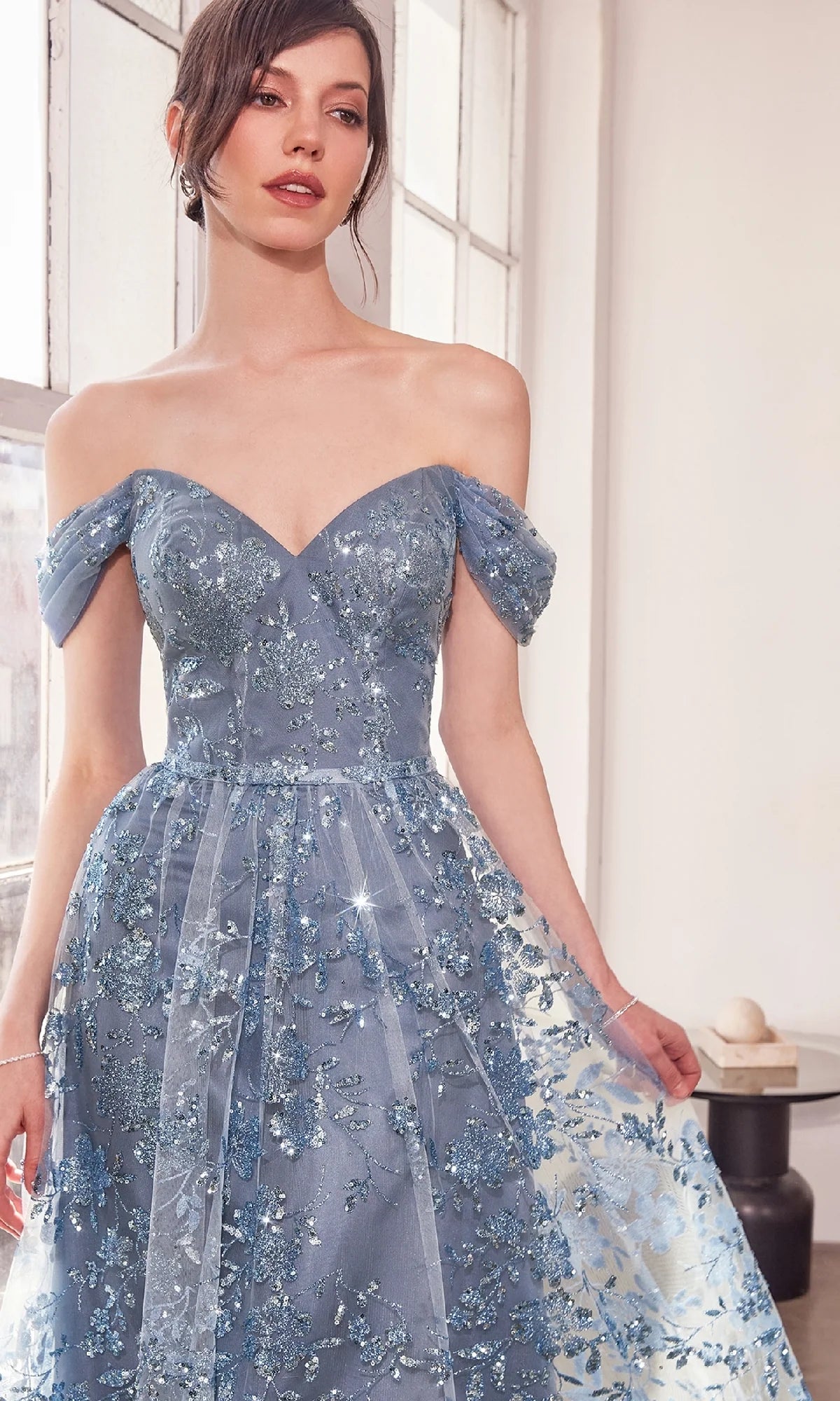 Elegant A-Line Sweetheart Off Shoulder Glitter Tulle Floor Length Evening Dress