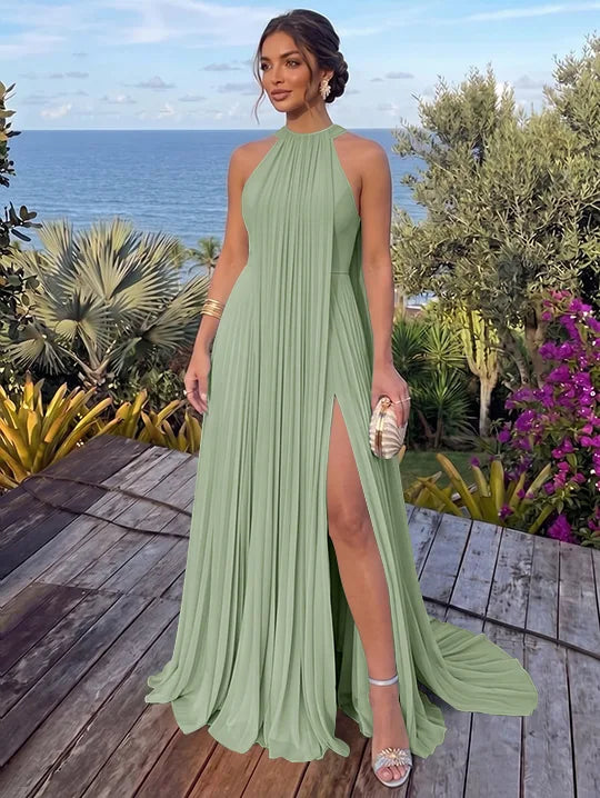 Elegant A Line Halter Neck Sleeveless Chiffon Floor Length Prom Dress