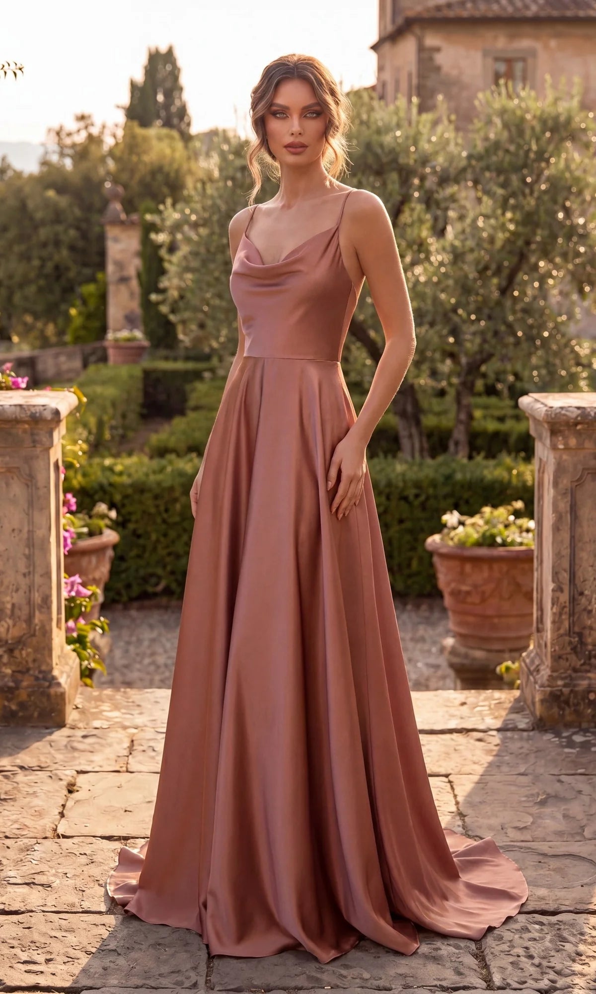 Elegant A-Line Cowl Neck Sleeveless Satin Floor Length Evening Dress