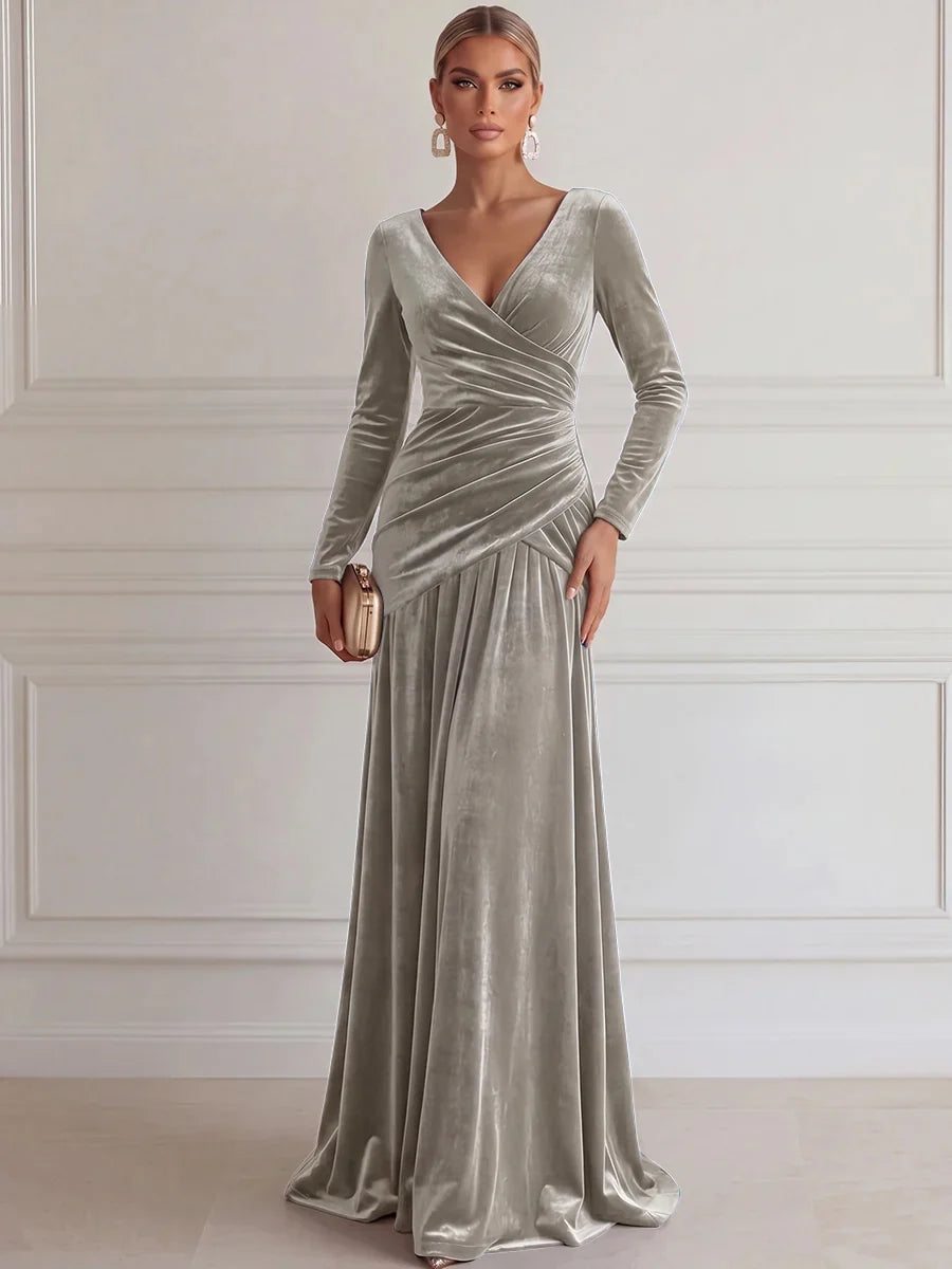 Elegant A-Line V-Neck Long Sleeve Velvet Floor-Length Evening Dress