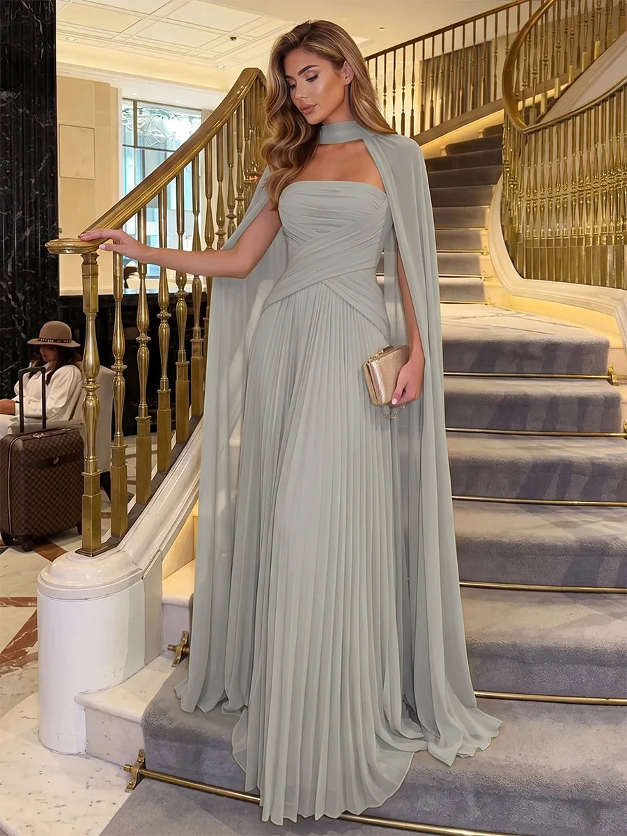 Elegant Pleated Strapless Sleeveless Chiffon Floor Length Evening Dress