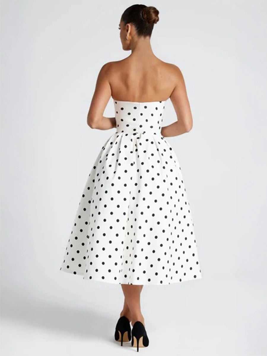 Vintage Satin A-Line Strapless Sleeveless Closed Back Tea-Length Polka Dot Prom Dress