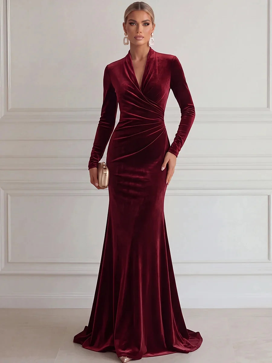 Elegant Mermaid Deep V Long Sleeve Velvet Floor-Length Evening Dress