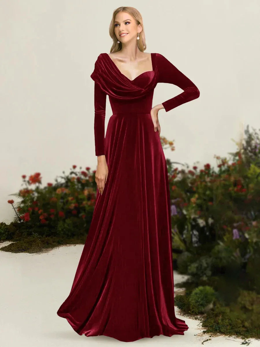 Elegant A-Line Draped Neckline Long Sleeve V-Back Floor-Length Mother of the Bride Dress