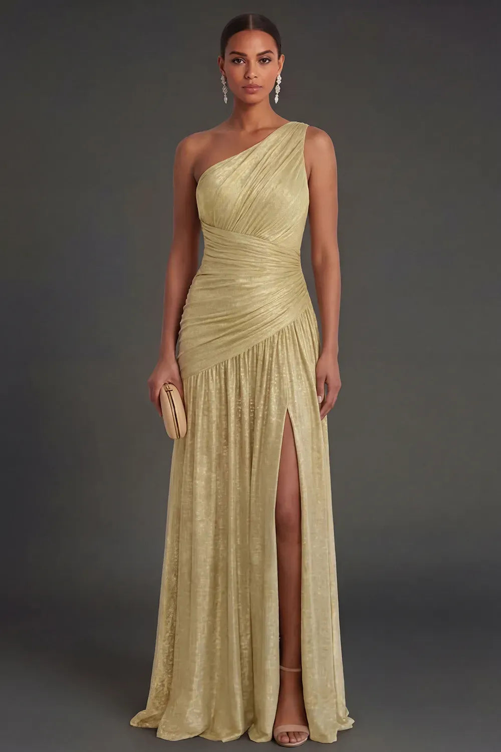 Elegant A-Line One Shoulder Sleeveless Ruched Back Floor Length Evening Dress