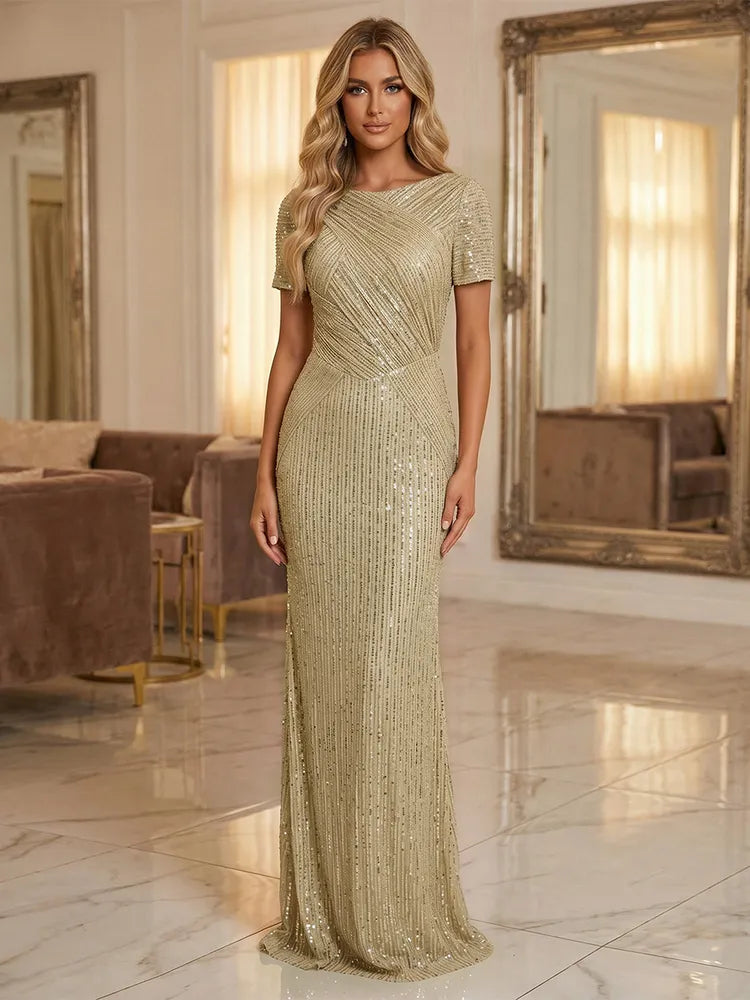 Glamorous Sheath Bateau Neck Puff Sleeve Sequin Floor-Length Evening Dress