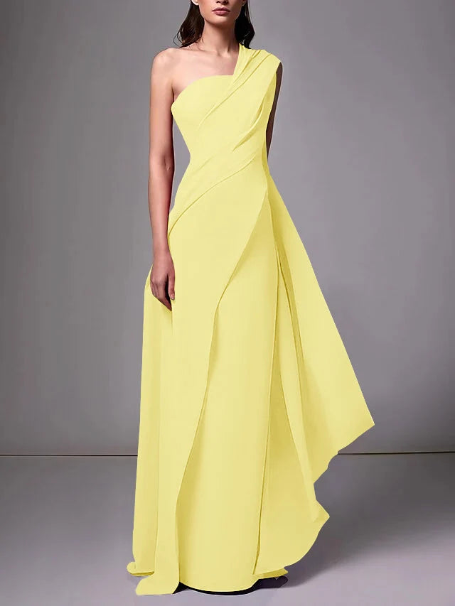 Elegant Sheath One Shoulder Sleeveless Crepe Floor Length Evening Dress