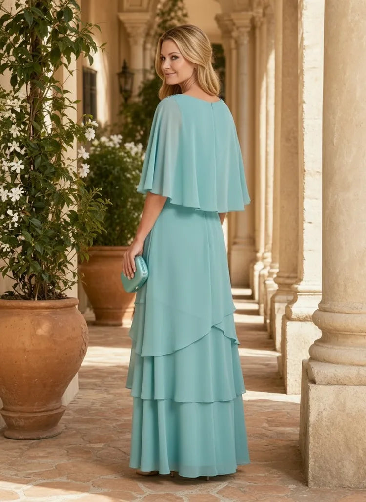 Elegant A-Line Cowl-Neck Cape-Sleeve Chiffon Floor-Length Mother of the Bride Dress