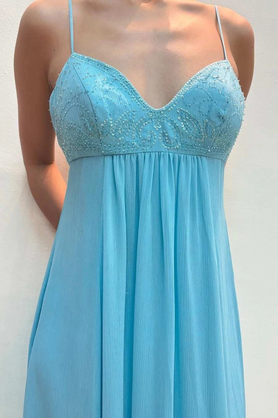 Loverlm Elegant Aqua Blue Chiffon A-Line V-Neck Spaghetti-Strap Zipper-Back Floor-Length Prom Dress