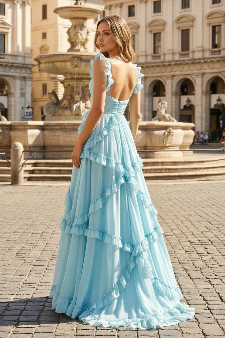 Loverlm Romantic Aqua Blue Chiffon A-Line Sweetheart Ruffle-Strap Open-Back Long Prom Dress