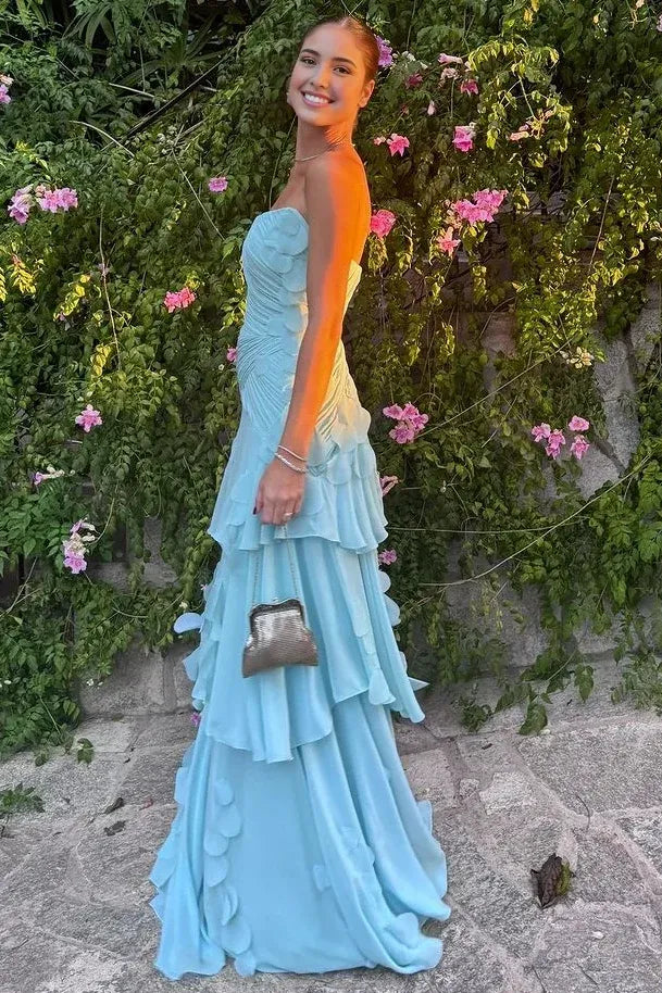 Romantic A-Line Straight Strapless Ruched Tiered Floor-Length Prom Dress