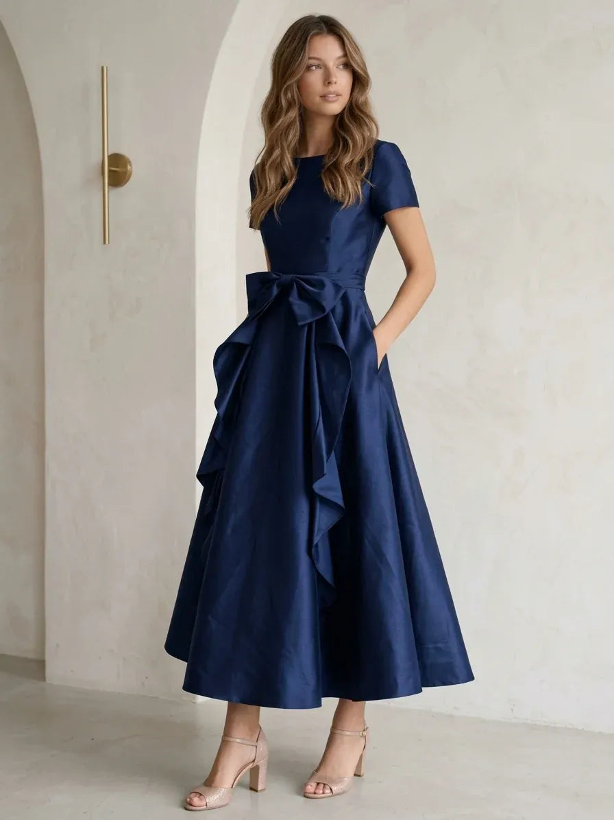 Elegant A-Line Round Neck Short Sleeve Zipper Back Tea-Length Wedding Guest Dress
