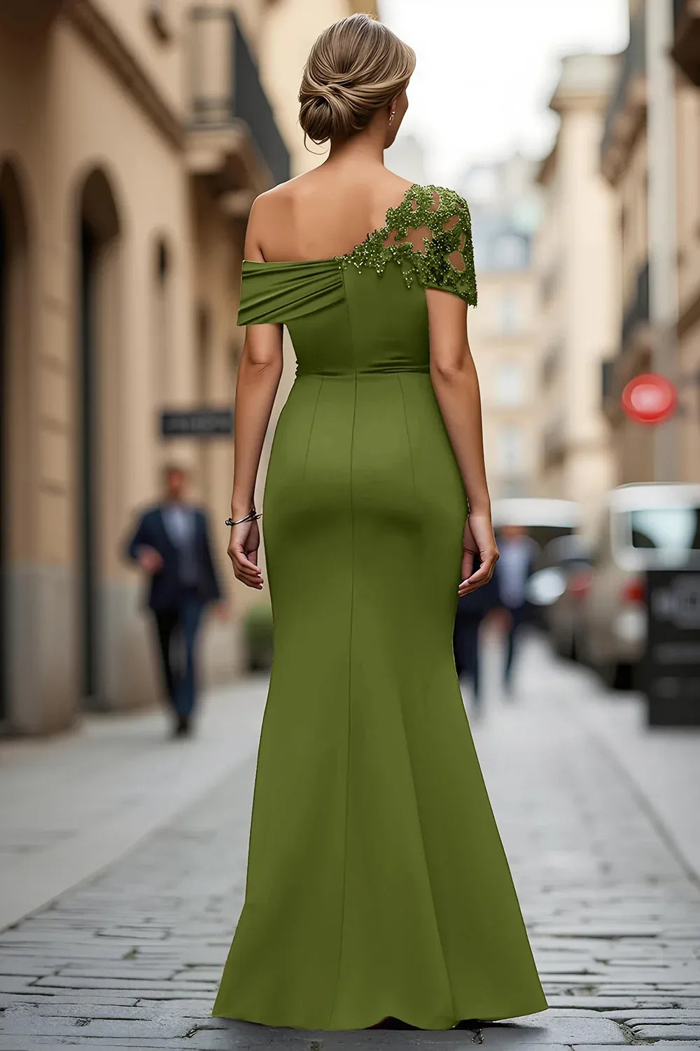 Elegant Lace-Accented Trumpet Asymmetric Neckline Short Sleeves Open-Back Floor-Length Evening Dress