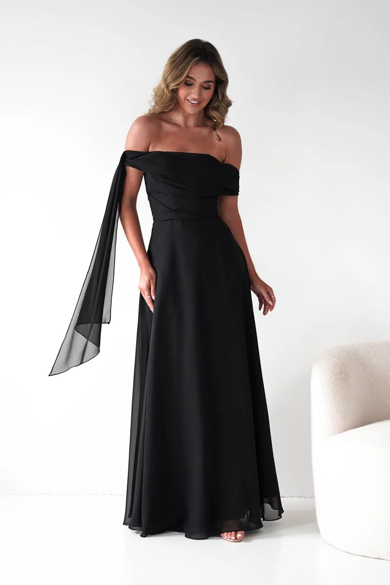 Elegant A-Line Asymmetric Off-Shoulder Zipper Back Draped Floor-Length Evening Dress