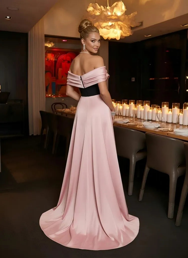 Glamorous Column Off-Shoulder Satin Overskirt Floor-Length Formal Evening Dress