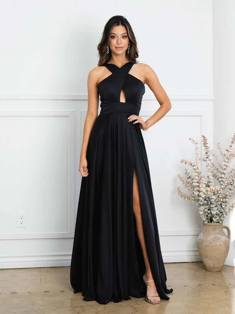 Elegant A-Line Halter Sleeveless Open-Back Slit Floor-Length Prom Dress