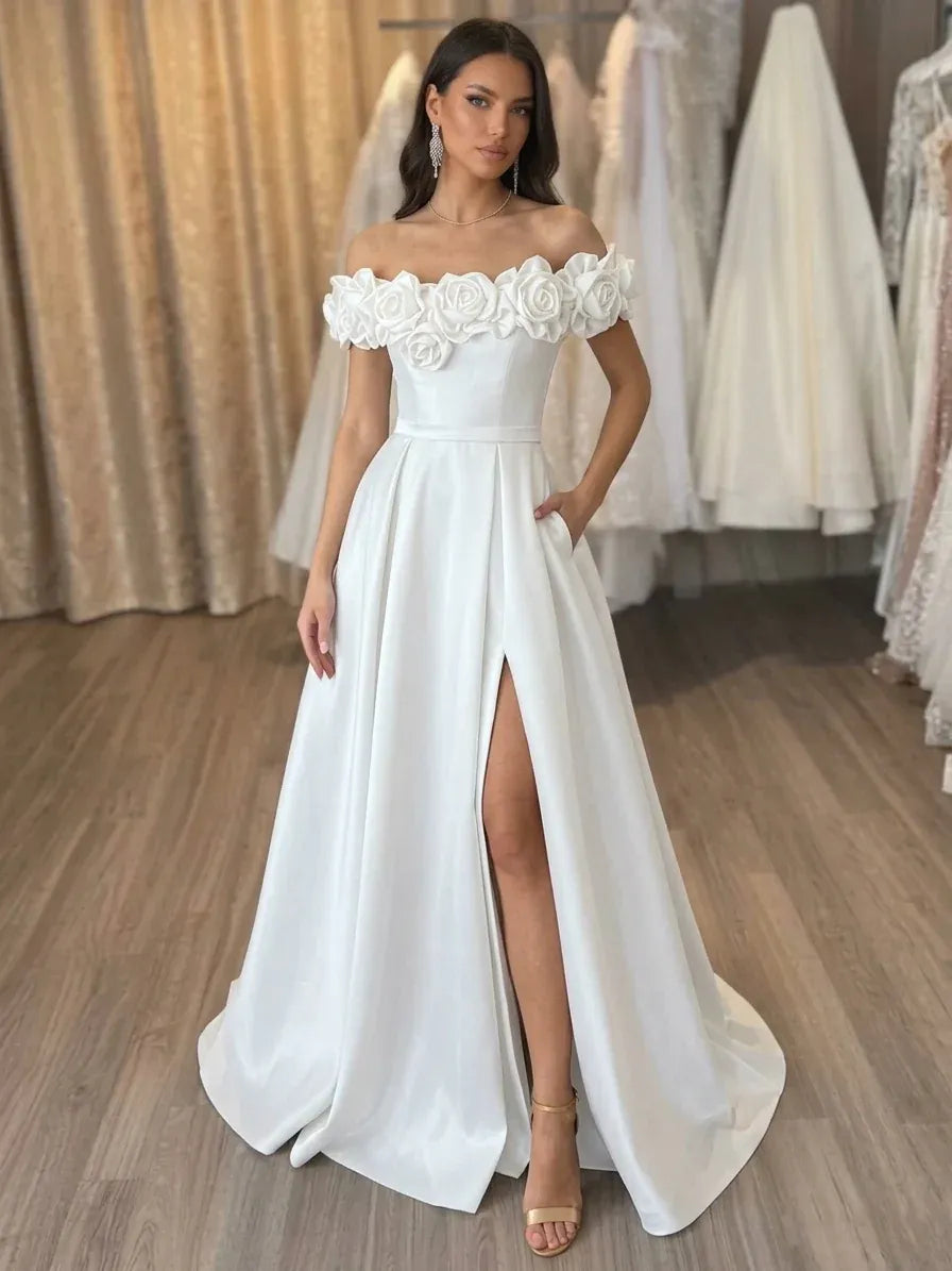 Elegant A-Line Off Shoulder Short Sleeve Zipper Back Floor-Length Prom Dress