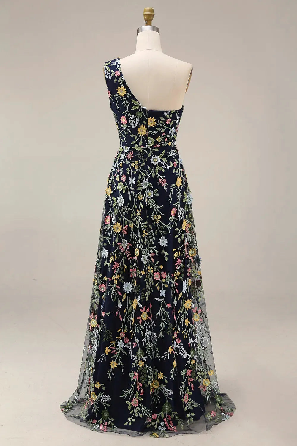 Elegant Floral A-Line One-Shoulder Sleeveless Asymmetric-Back Floor-Length Wedding Guest Dress