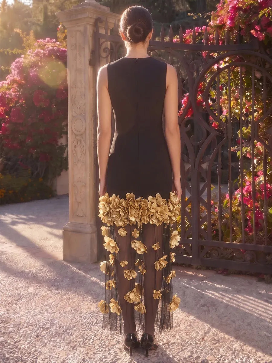 Elegant Sheath Round-Neck Sleeveless Zipper-Back Floral Midi Wedding Guest Dress