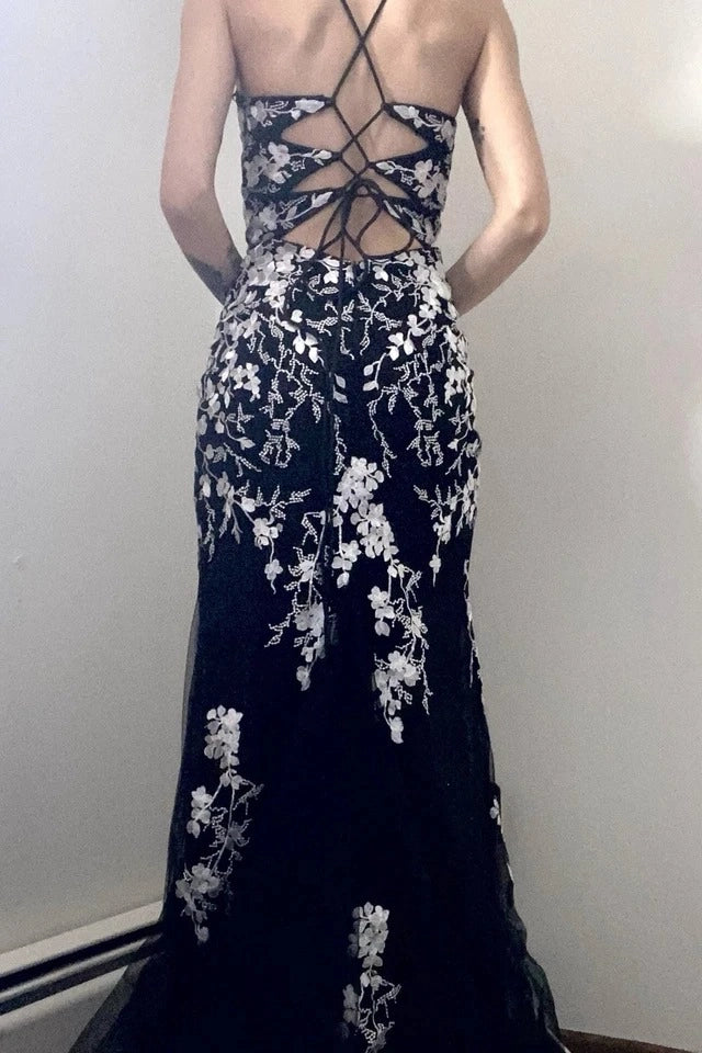 Loverlm Elegant Black Lace Tulle Mermaid V-Neck Spaghetti-Strap Lace-Up-Back Floor-Length Prom Dress