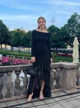 Elegant Sheath Cowl-Neck Long-Sleeve Zip-Back High-Low Black Evening Dress