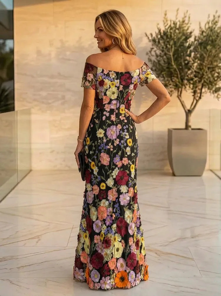 Elegant Sheath Off-Shoulder Short-Sleeve Floral Floor-Length Mother of the Bride Dress