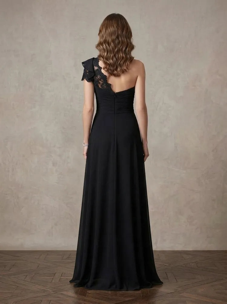 Elegant A-Line One-Shoulder Sleeveless Lace Floor-Length Mother of the Bride Dress