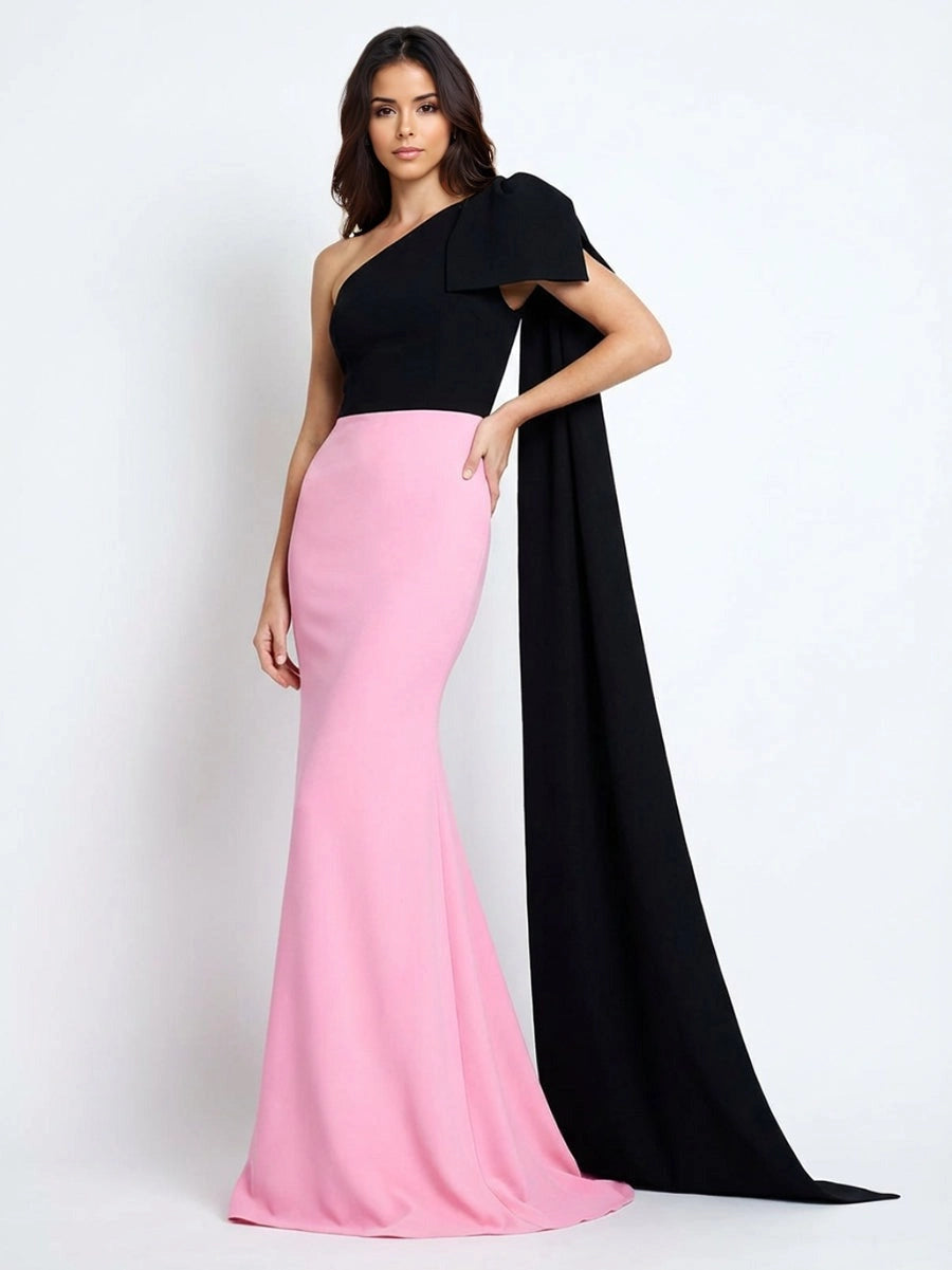 Dramatic Two-Tone Crepe Mermaid Asymmetric One-Shoulder Bow-Sleeve Zipper-Back Sweep-Train Prom Dress