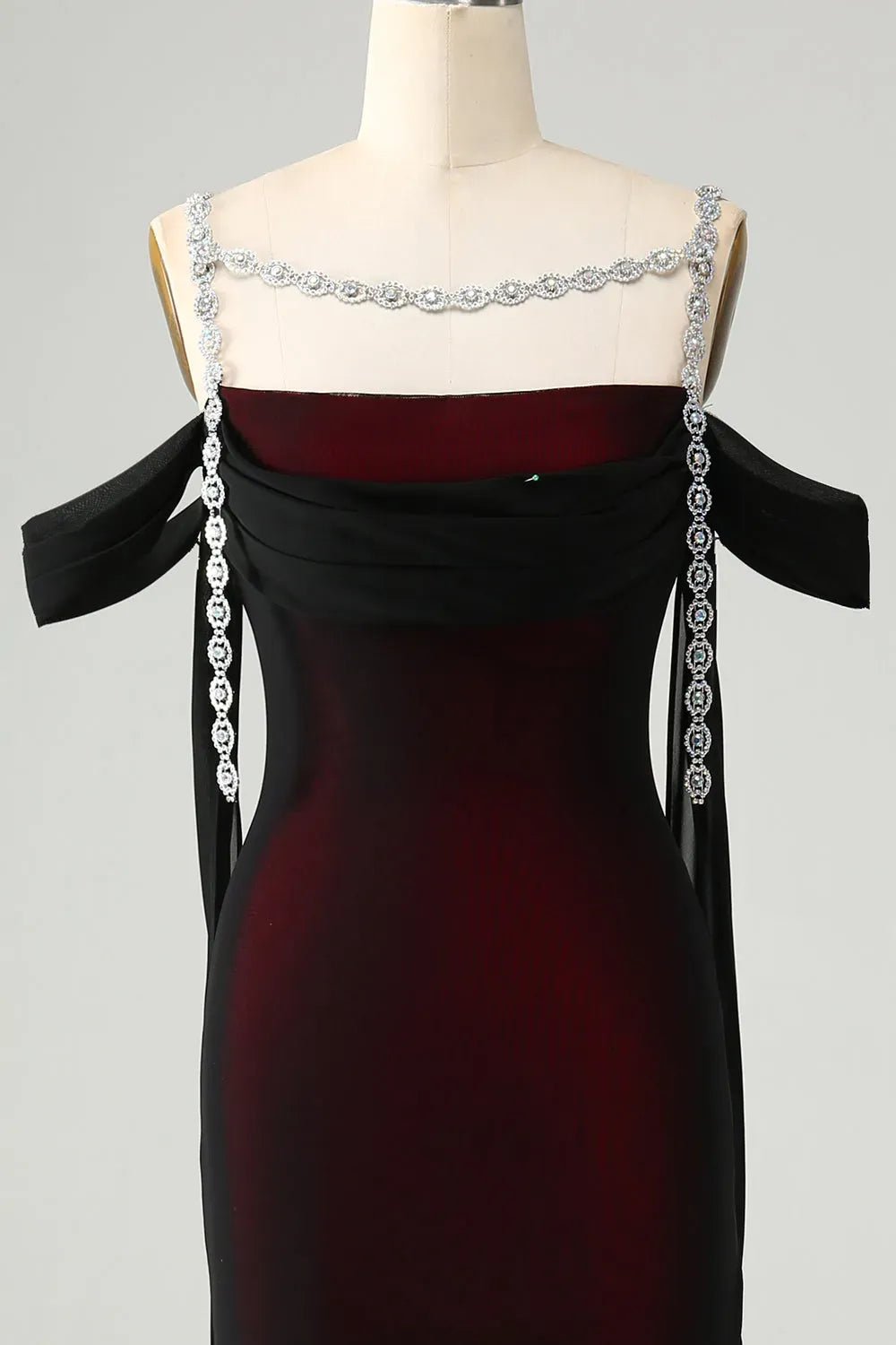 Glamorous Black and Red Sheath Draped-Neck Off-Shoulder Zipper-Back Floor-Length Prom Dress
