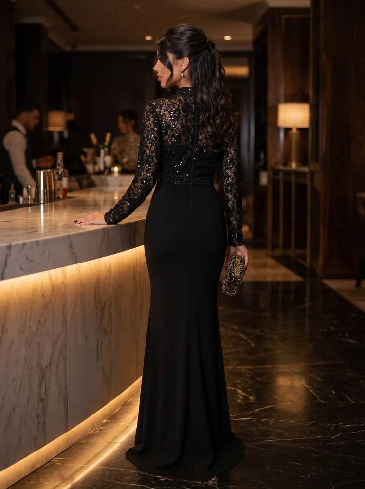Elegant Sheath Keyhole Neck Long Sleeve Lace Floor-Length Evening Dress