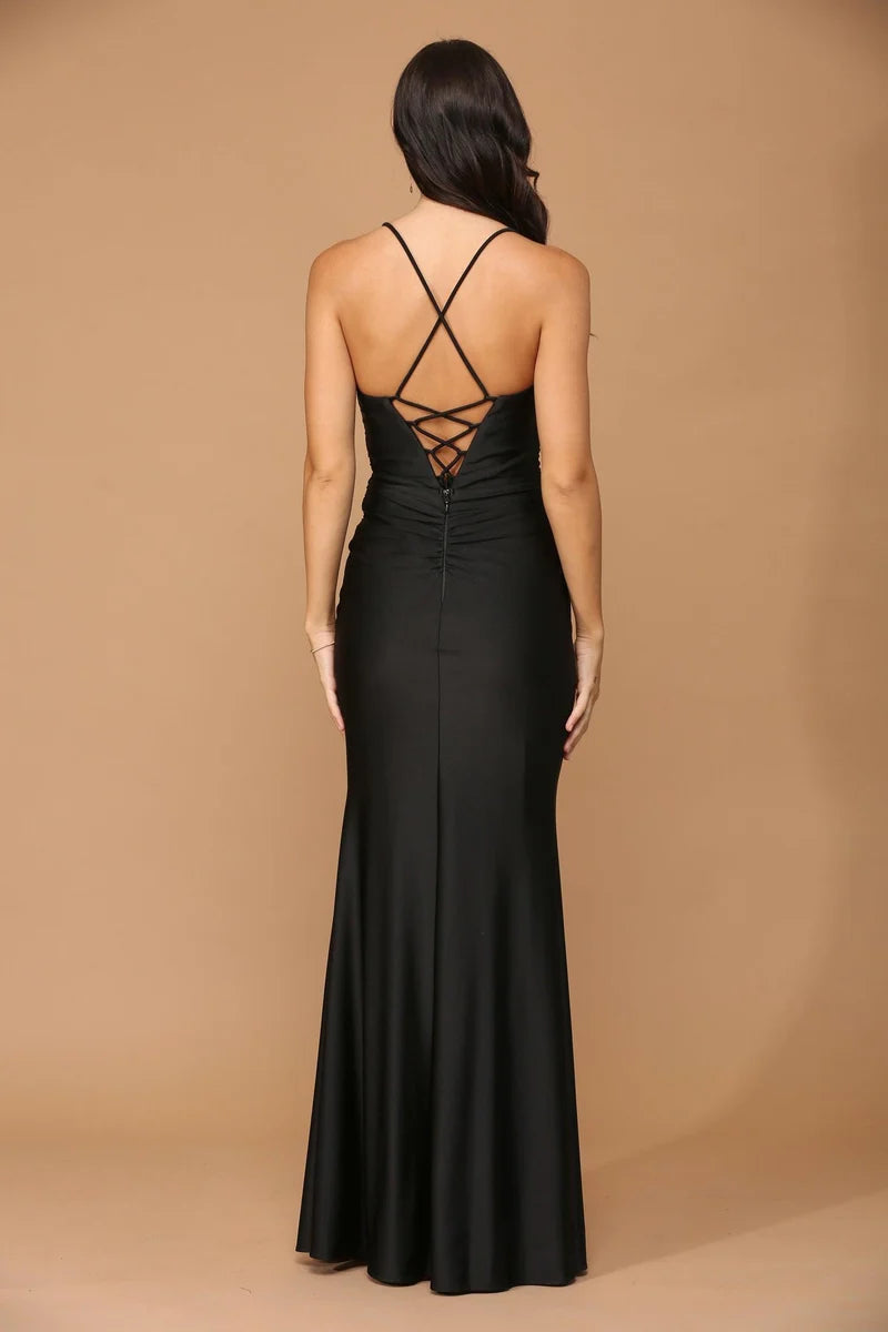 Sleek Black Sheath Square-Neck Spaghetti-Strap Lace-Up Floor-Length Evening Dress