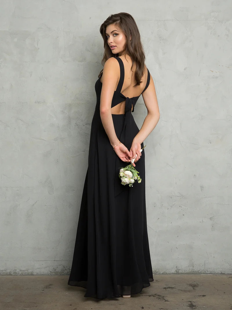 Elegant A-Line Square-Neck Sleeveless Tie-Back Floor-Length Wedding Guest Dress