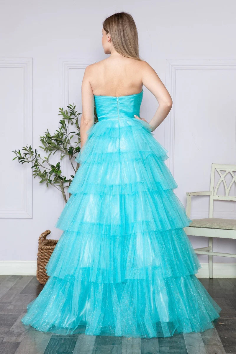 Glamorous A-Line Straight-Neck Strapless Closed-Back Tiered Floor-Length Prom Dress