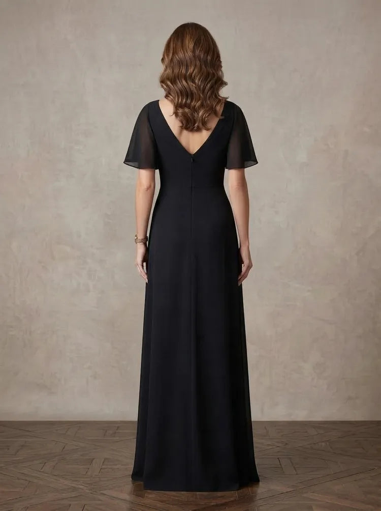 Elegant A-Line V-Neck Flutter-Sleeve Chiffon Floor-Length Mother of the Bride Dress