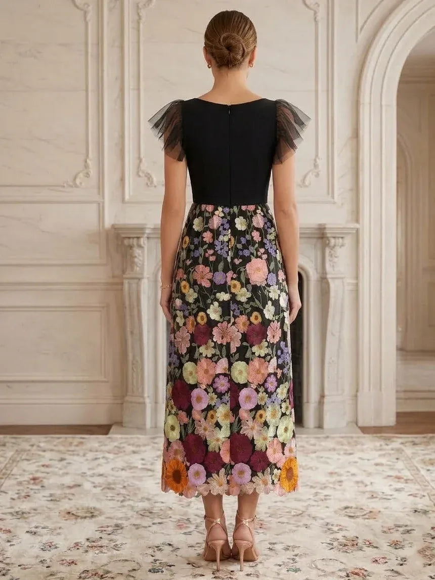 Elegant A-Line V-Neck Ruffle-Sleeve Zip-Back Floral Maxi Wedding Guest Dress