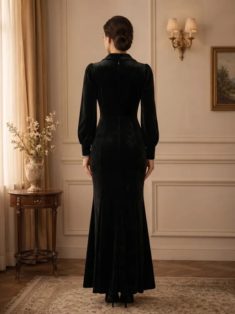 Elegant Mermaid Lapel V-Neck Long-Sleeve Velvet Floor-Length Mother of the Bride Dress
