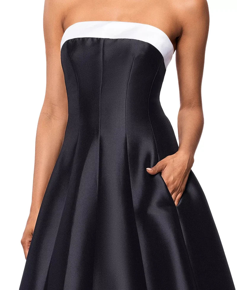 Elegant A-Line Straight Strapless Zip-Back Tea-Length Wedding Guest Dress