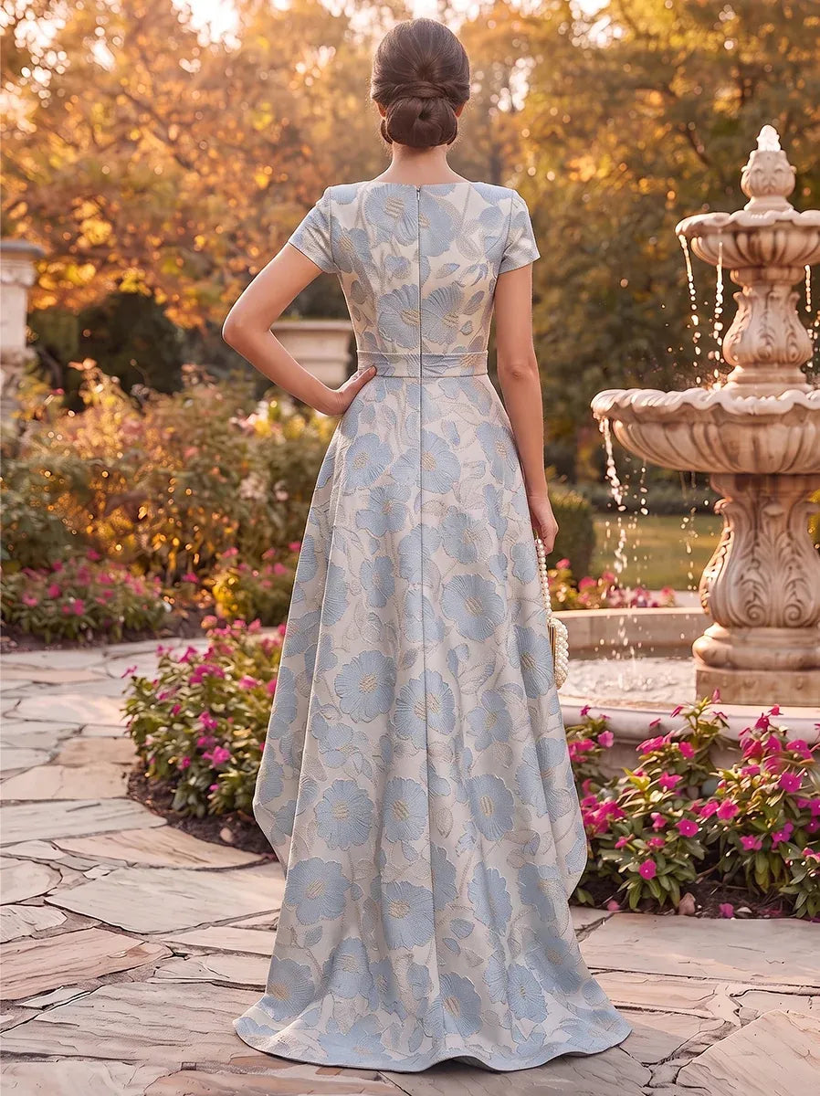 Elegant A-Line Round Neck Cap Sleeve Zipper Back Ruffled Mother of the Bride Dress