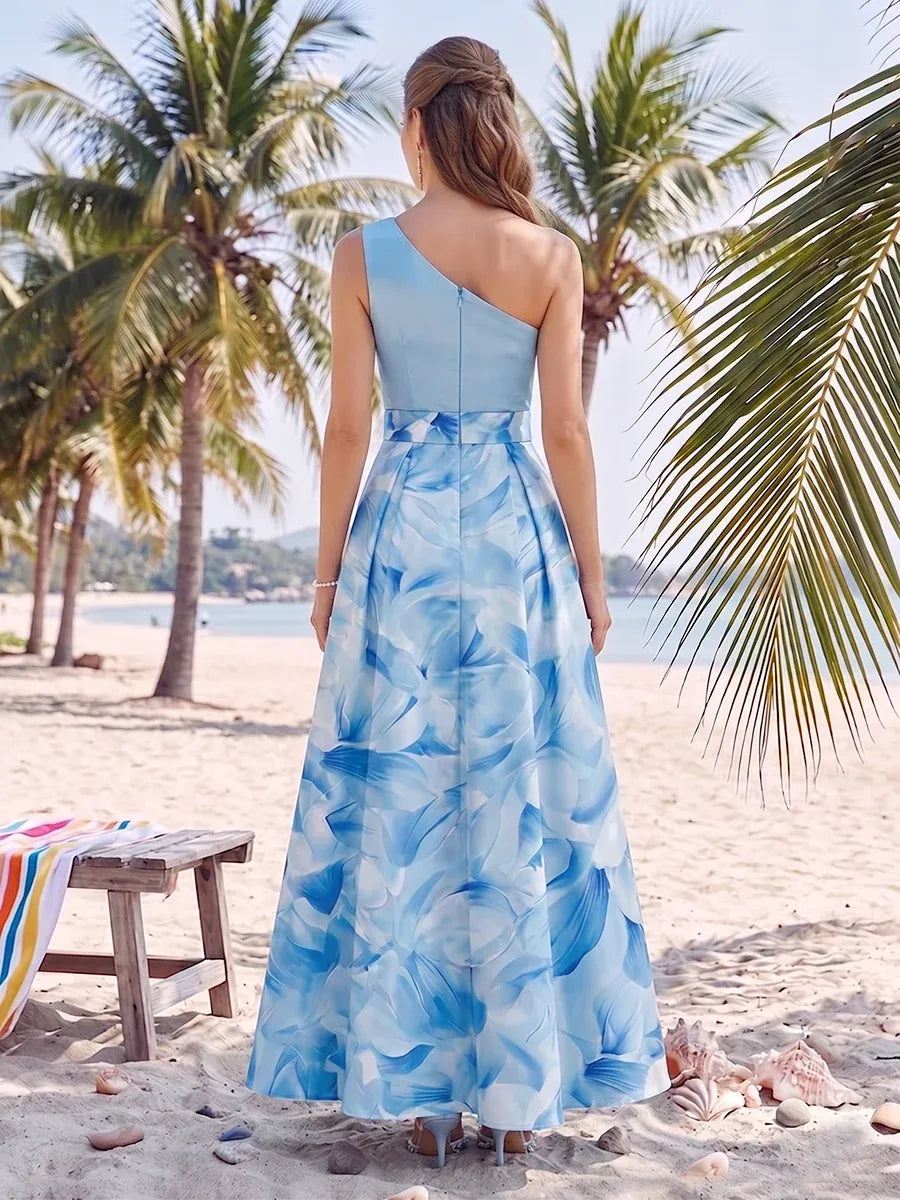 Elegant A-Line One Shoulder Sleeveless Zipper Back Maxi Wedding Guest Dress