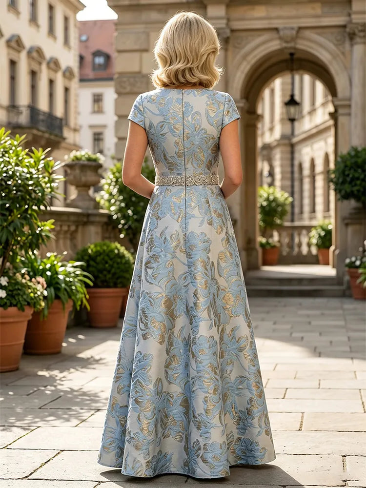 Elegant A-Line Round-Neck Cap-Sleeve Jacquard Floor-Length Mother of the Bride Dress