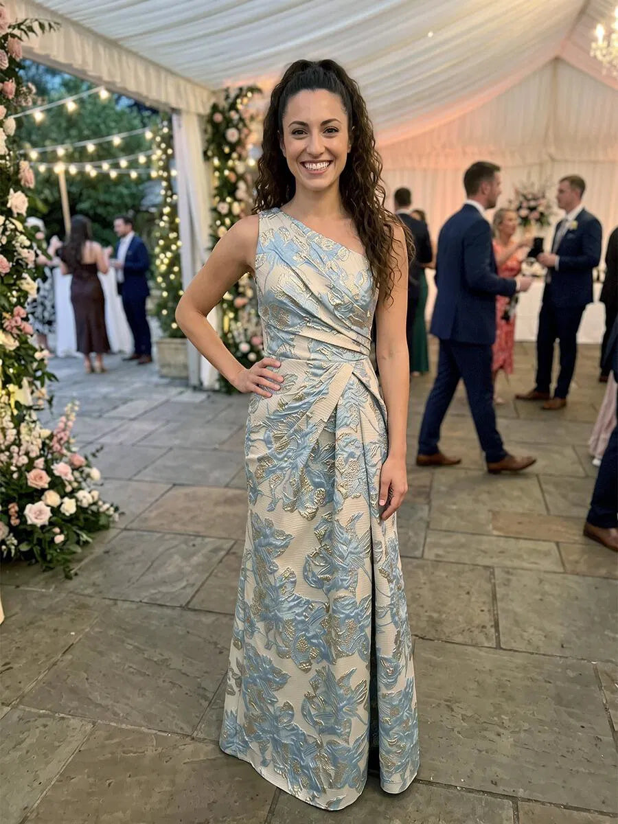Elegant Column One-Shoulder Sleeveless Jacquard Floor-Length Mother of the Bride Dress